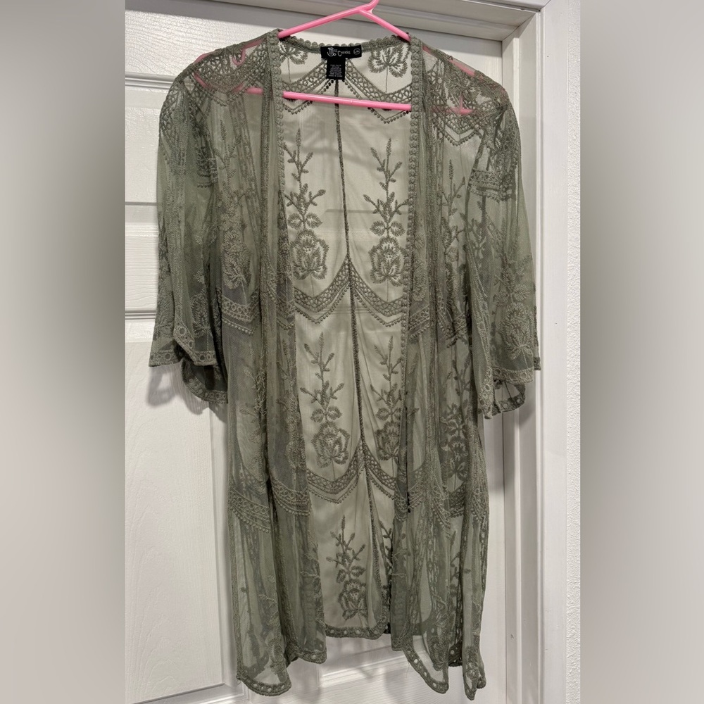 Miss Chievous Sage Green Lace Open-Front Blouse